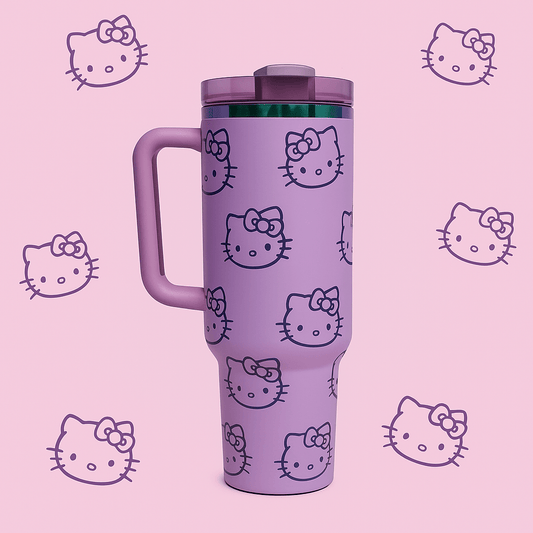 Pink Hello Kitty travel mug with handle and cute cartoon pattern