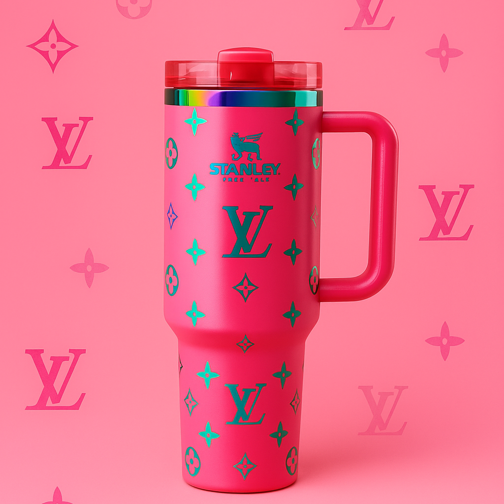 Elegant brown Stanley thermos mug featuring premium gold logo design