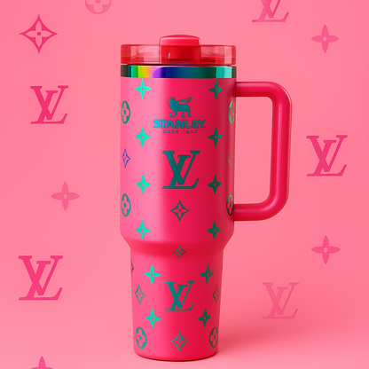 Elegant brown Stanley thermos mug featuring premium gold logo design