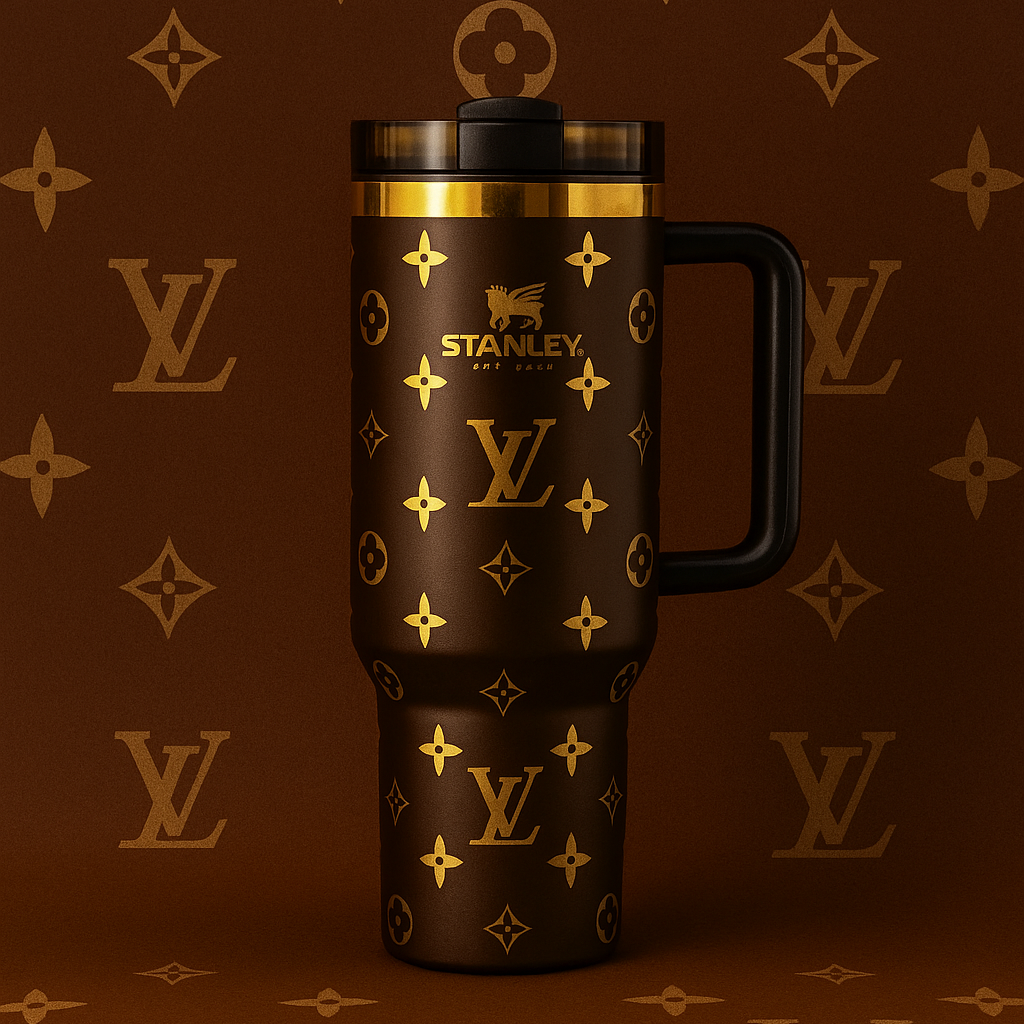 A brown and gold Stanley travel mug featuring a luxury-inspired monogram pattern, a sleek handle, and a matte finish set against a matching patterned background.