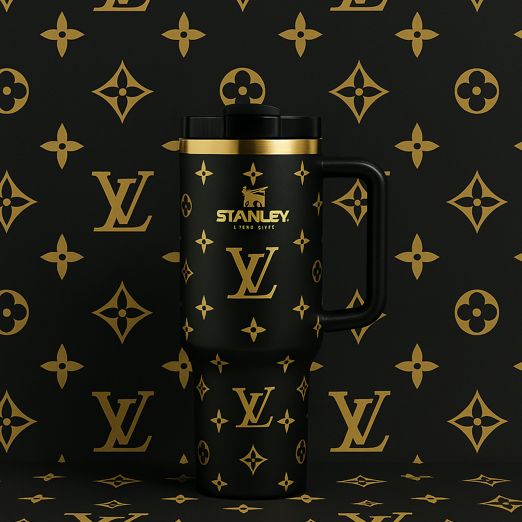 Stanley reusable travel cup in deluxe brown tone with gold print details