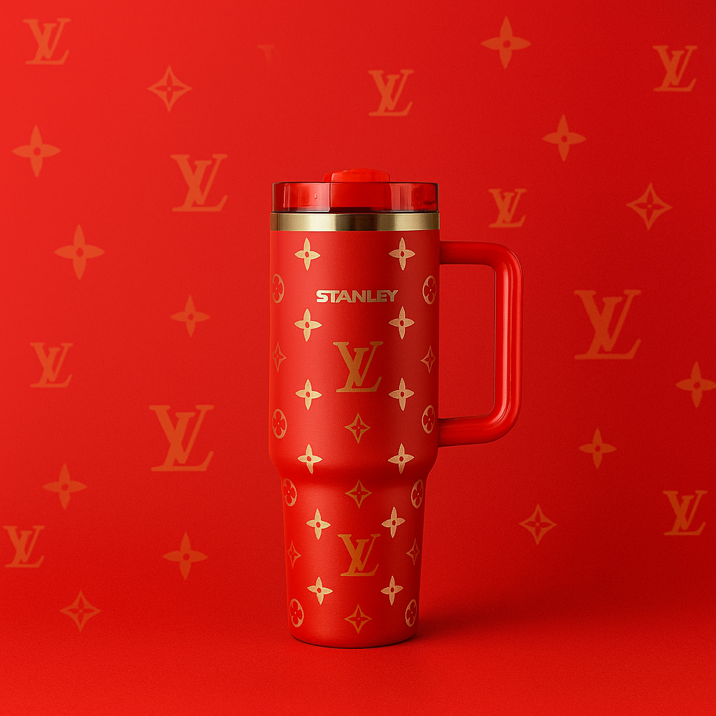Stanley premium insulated coffee mug featuring gold LV-style pattern