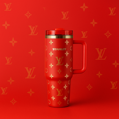Stanley premium insulated coffee mug featuring gold LV-style pattern