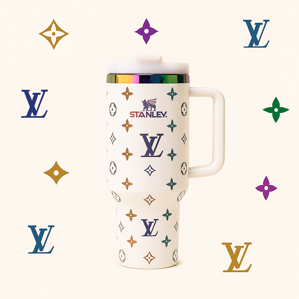 Stanley mug with Louis Vuitton pattern on a white background with brand logos.